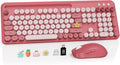 Wireless Keyboard and Mouse Combo, Retro Round Keycaps, Full-Size Stylish Typewriter Keyboard with Large Phone/Tablet Holder, 3-Level DPI Ergonomic Mouse, 2.4GHz Cordless for Windows PC, Rose Pink