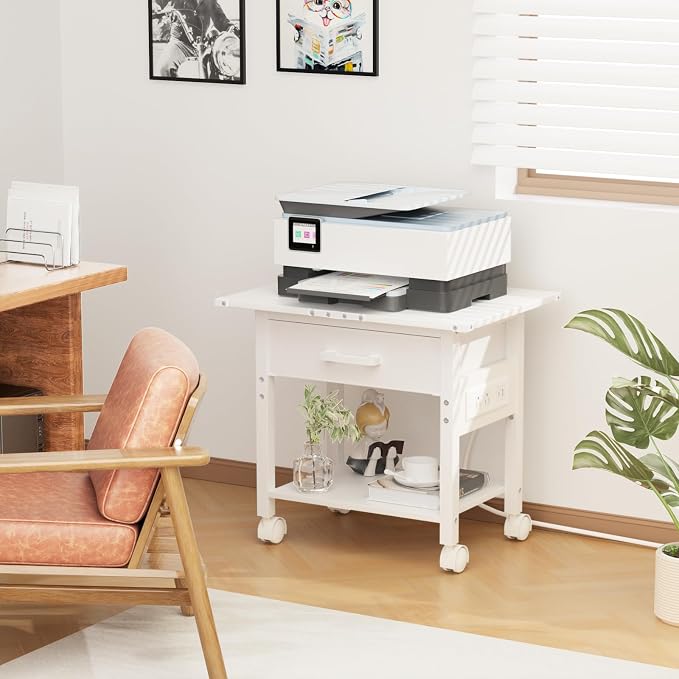 Lerliuo Under Desk Rolling Printer Stand with Charging Station and USB Ports, 2-Tier Printer Table Desk with Fabric Drawer, Printer Cart Holder with Lockable Wheels for Home, Office (White)