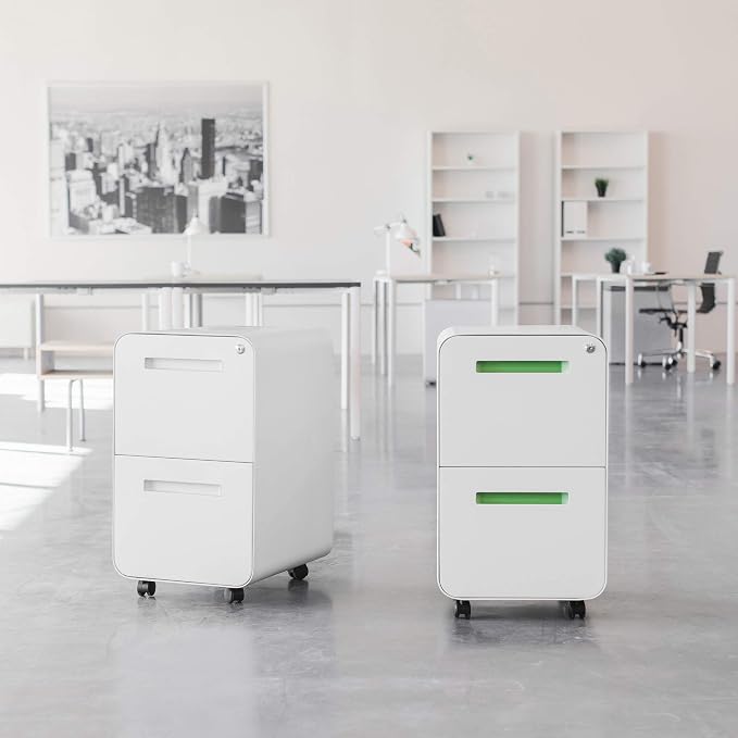 Laura Davidson Furniture Stockpile 2 Drawer Mobile File Cabinet with Lock - Under Desk Metal Filing Cabinet, Legal/Letter File Folders, Wheels and Stationary Feet, Pre-Assembled, White/Wood