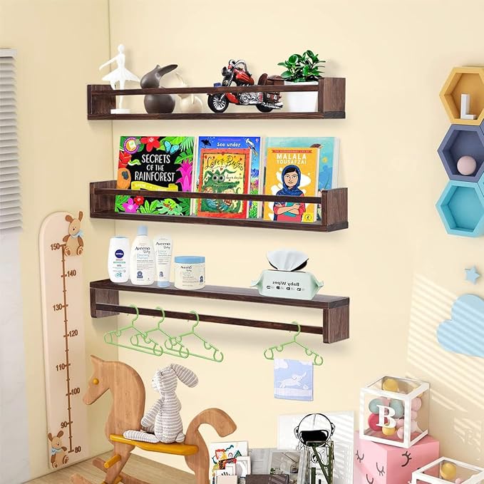 AZSKY Nursery Book Shelves Deep Walnut Wall Mount Floating Book Shelf for Bedroom Wooden Wall Book Shelf Children Kids Toddler Wall Bookshelf 36 Inch a Set of 3 Same Sizes