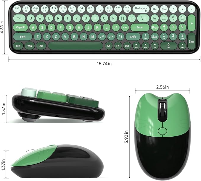 MOFII Wireless Keyboard and Mouse Combo, Compact Small Keyboard with Large Print, 2.4GHz Retro Typewriter Keyboard, Quiet Click Mouse for PC, Laptop, Desktop, Windows (Black Green Gradient)