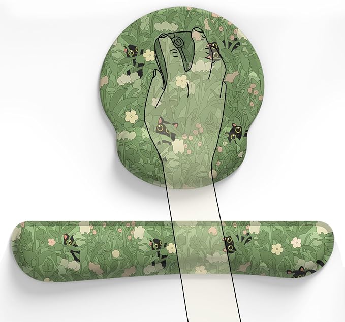 Cute Flower Mouse Pad Wrist Support Ergonomic Green Hide Out Cat, Keyboard Mouse Wrist Rest Non-Slip Gel Anime Kawaii 3D Mouse Pads Wrist Pad,Easy Typing,Pain Relief, Comfortable Computer Mouse Pad.
