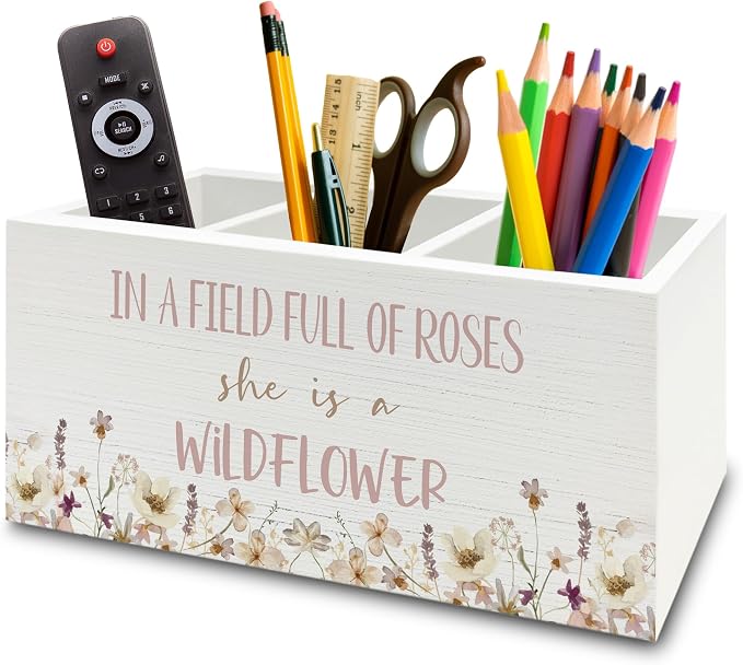 Wildflower Nursery Decor Pen Pencil Holder Organizer for Desk, Girl Nursery Decor, in a Field Full of Roses She Is a Wildflower Wooden Box Sign for Girly Room Bedroom Desk Tabletop Decorations