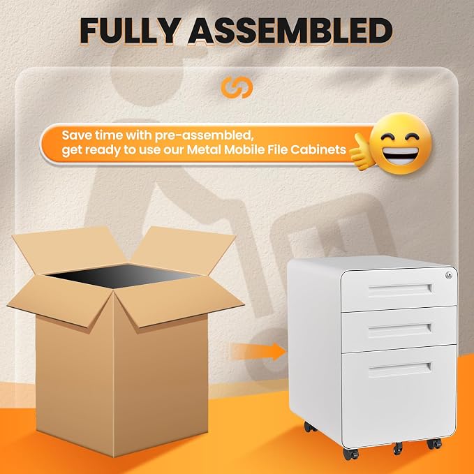 3 Drawer File Cabinet, Fully Assembled Mobile File Cabinets with Lock for Home Office, Metal Rolling Filing Caninet on Wheels, Three Drawer Under Desk Cabnet for Letter/Legal / A4 - White