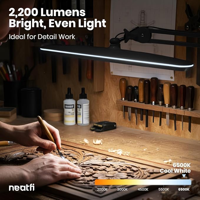 Neatfi XL 24W LED Desk Lamp – 2,200 Lumens | 23” Wide Shade | Dimmable Eye-Caring Task Light | Adjustable Arm | Office, Study, Crafting & Nail Techs (Black, Non-CCT with Base)
