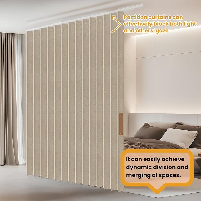 JILRON Accordion Folding Room Partition with Ceiling Track - Retractable Room Divider Curtain, Effortless Setup(Beige 100" W x 84" L-Pack of 1)