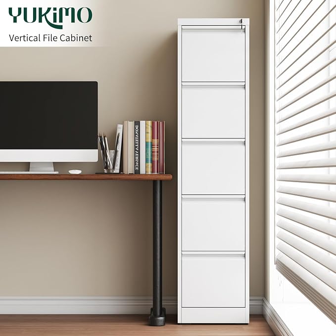 5 Drawer File Cabinet with Lock, Vertical File Cabinet with Lock, Locking File Cabinet Hanging Files for A4/ Legal/Letter, Require Assembly, White