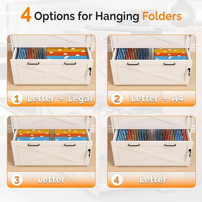 VINGLI 2 Drawer File Cabinet with Lock, Home Office Filing Organizer, for Letter Legal A4 Size File Folder Storage, Modern Farmhouse, Wood Lateral Filing Cabinet, Archivador (Rustic White & Brown)