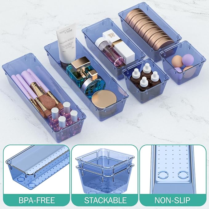 WOWBOX 12 Pack Clear Drawer Organizer Set, Acrylic Drawer Storage Trays, Storage Bins for Makeup, Cosmetics, Jewelries, Utensils, Gadgets, Office, Dark Blue