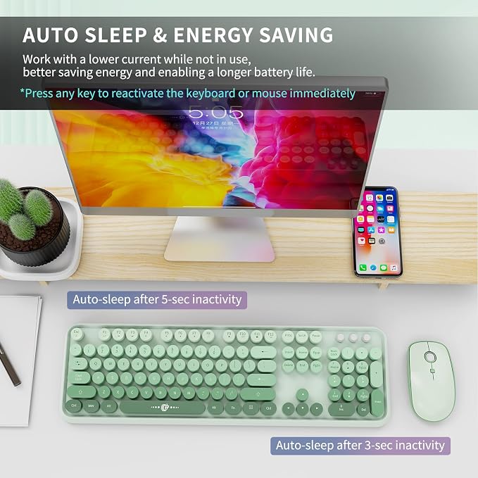 FOPETT Wireless Keyboard and Mouse Combo, 104 Keys Full-Sized 2.4 GHz Round Keycap Colorful Keyboards, USB Receiver Plug and Play, for Windows, Mac, PC, Laptop, Desktop (GradientGreen)