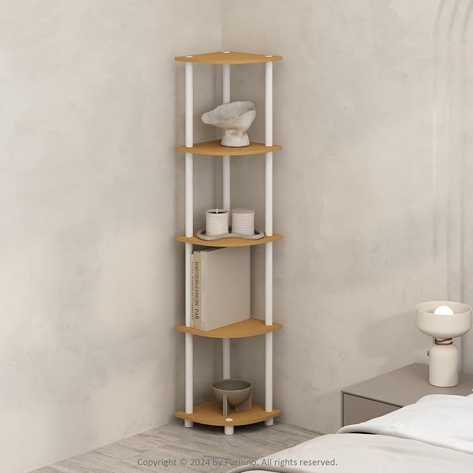 Furinno Turn-N-Tube Storage Shelves, 5-Tier Book Shelf, Corner Shelf, Toolless Open Shelves, for Organization and Storage, Living Room, Home Office, Hallway, Bedroom, Beech
