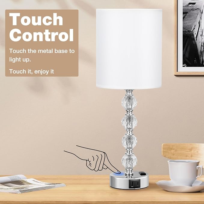 Touch Bedside Crystal Lamps for Bedrooms Nightstand with USB C+A Charging Port and AC Outlet White, 3 Way Dimmable Silver Large End Side Table Lamp for Living/Guest/Dinning Room/Kitchen