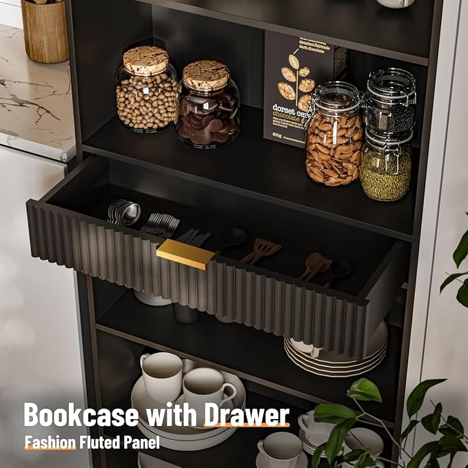 72" Tall Bookshelf with Storage, 7-Tier Bookcase Fluted with Drawer, Display Book Shelf Book Organizer with Anti-tip Device, Home Decor Wood Furniture for Bedroom, Living Room and Office, Black