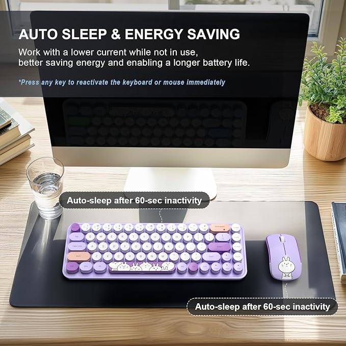 FOPETT Wireless Keyboard and Mouse Cute Mouse and Keyboard 2.4G Wireless Keyboards with Colorful 68 Keys Typewriter Retro Round Keycap for PC, Laptop,Tablet,Computer Windows - Purple Colorful