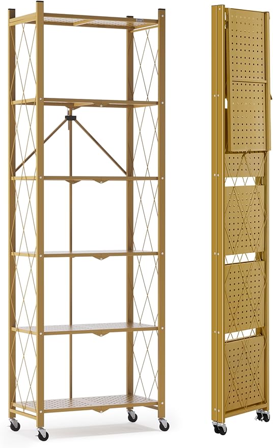 ALANNG 73.6 Inch Folding Bookshelf, 6 Tier Metal Bookcase and Bookshelves, Tall Shelves for Living Room Office Bedroom, Heavy Duty Book Shelve Free Standing Open (Gold, 1PACK)