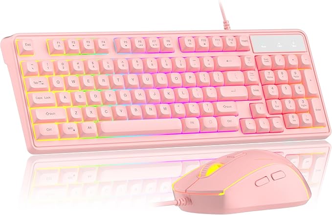 Pink Creamy Keyboard and Mouse Combo,MageGee GK980 Wired RGB Backlit Keyboard and Pink Gaming Mouse Combo,PC Keyboard and Adjustable Sensitivity Mouse for PC/loptop/MAC