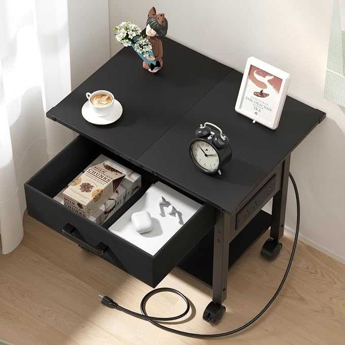 Lerliuo Under Desk Rolling Printer Stand with Charging Station and USB Ports, 2-Tier Printer Table Desk with Fabric Drawer, Printer Cart Holder with Lockable Wheels for Home, Office (Black)