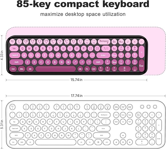 Wireless Keyboard and Mouse Combo, MOWUX Compact Typewriter Retro Round Computer Keyboard, Cute Optical Mouse Wireless, Plug and Play, for Laptop, PC, Computer- Black Pink Gradient
