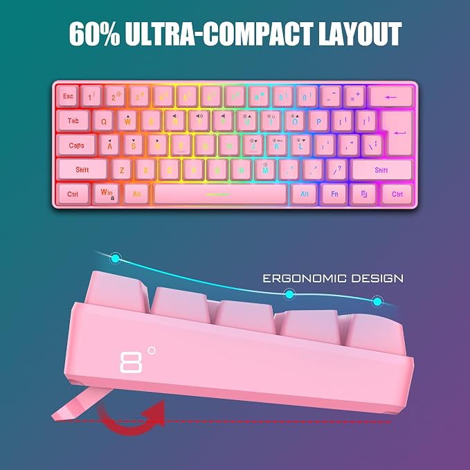 RedThunder 60% Gaming Keyboard and Mouse Combo, Ultra-Compact 61 Keys RGB Backlit Mini Keyboard, Lightweight 7200 DPI Honeycomb Optical Mouse, RGB Wired Gaming Set for PC MAC PS5 Xbox Gamer(Pink)