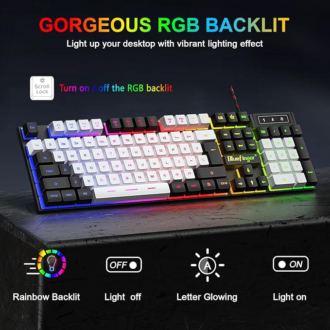 BlueFinger RGB Gaming Keyboard and Backlit Mouse Combo, USB Wired, LED Gaming Set for Laptop PC Computer Game and Work (Black & White)