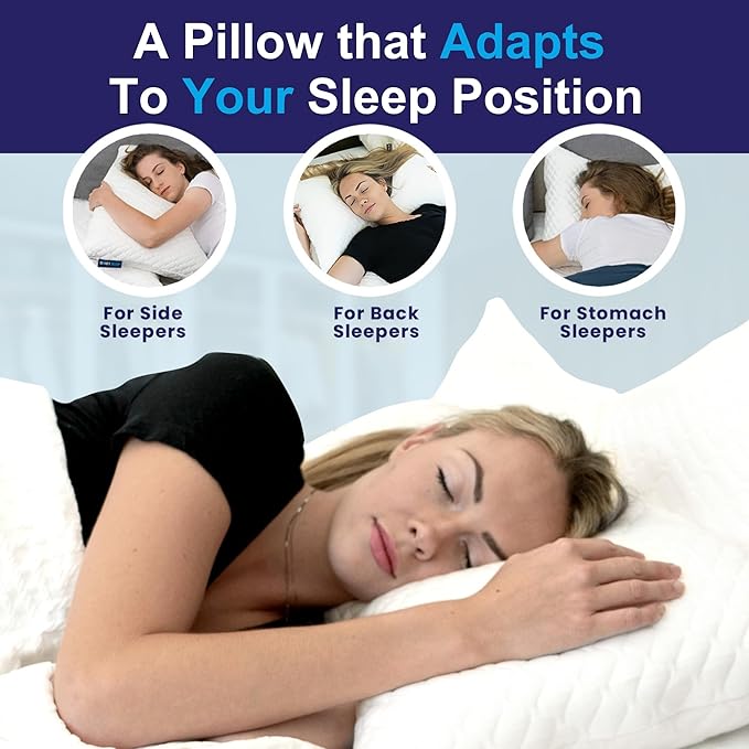 Sidney Sleep Adjustable Bed Pillow for Neck and Shoulder Support with Extra Shredded Fill - Cervical Contour Pillow for Side and Back Sleepers. Standard Size 19" x 26" CertiPUR-US Certified (Blue)
