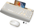 JOYACCESS Ergonomic Wireless Keyboard and Mouse Combo, Full-Sized Keyboard with Wrist Rest and Tablet Holder, Volume Roller for Computer PC Laptop-Gold&White