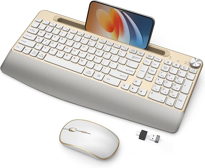 JOYACCESS Ergonomic Wireless Keyboard and Mouse Combo, Full-Sized Keyboard with Wrist Rest and Tablet Holder, Volume Roller for Computer PC Laptop-Gold&White