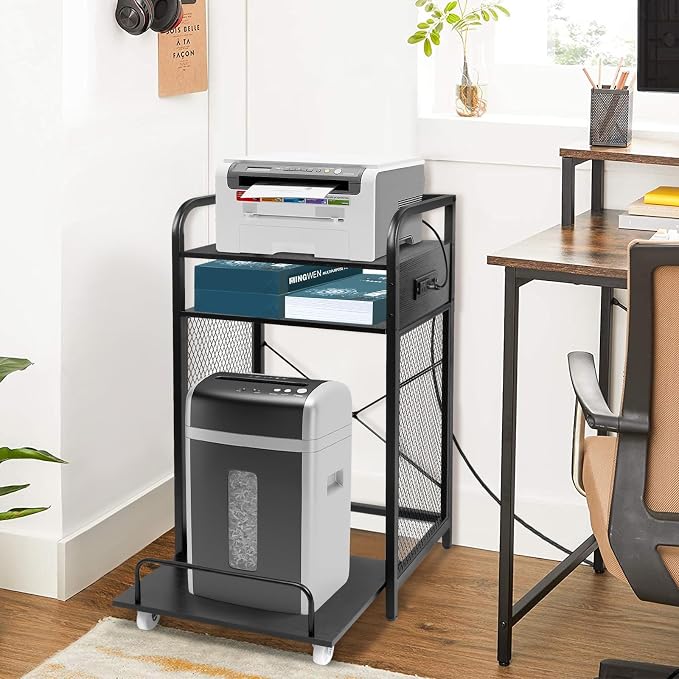 3-Tier Printer and Shredder Stand with Pull Out Shelf, 20" L x 14" W x 34" H Floor-Standing Printer Shredder Stand with Power Outlet, Printer Stand with Shredder Storage, Office Storage Rack