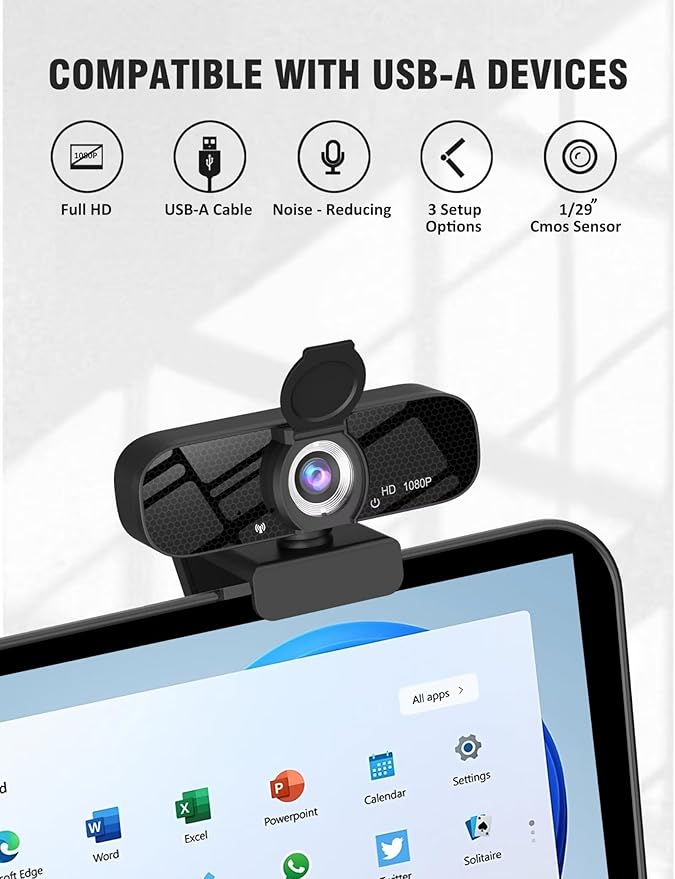 Tewiky Full HD Webcam with Built-in Microphone and Rotatable Tripod, 1080P Video and Wide Angle Camera, Privacy Cover, for Desktop PC or Laptop Computer