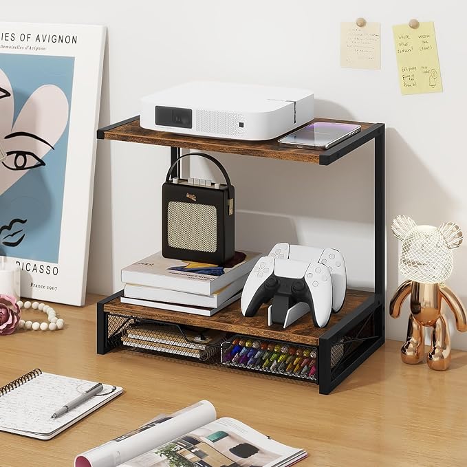 ELITEROO 2-Tier Desktop Printer Stand with Storage Drawer, Wooden Printer Stand for Desk, Small Printer Table with Shelf for Home Office, Fits Fax Machine, Scanner, 3D Printer, Rustic Brown