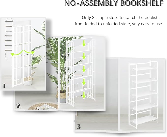 4NM No Assembly 5 Tiers Folding Bookshelf, 59.4" H Foldable Storage Shelves Vintage Bookcase Standing Racks Study Organizer Home Office - All White