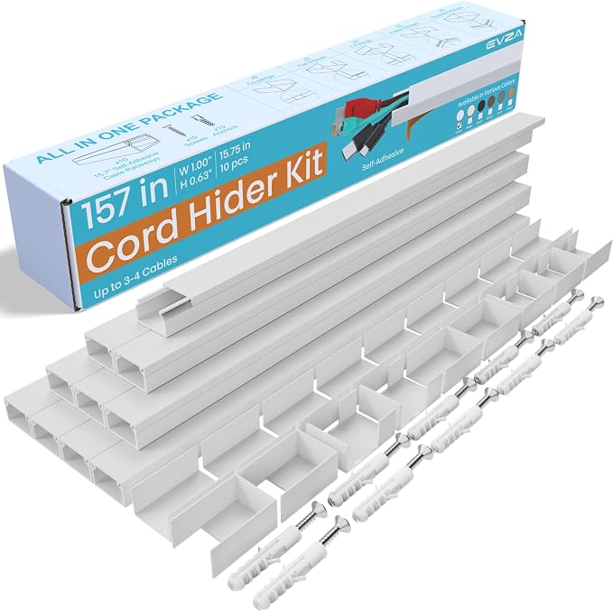 Cord Hider, Wire Cover, Cord Covers Wall Mounted TV, Cable Hider, 157 in Paintable White Raceway Kit, Electrical Cords Concealer, Cable Management, Hide Cords Wall, Wire Molding, Adhesive Channel