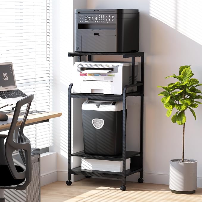 Arbuxzuy 4 Tier Stand with Storage Shelf, Tall Mobile Printer Table for Home Office, Adjustable Stands for Heat Press Scanner Fax (Black)