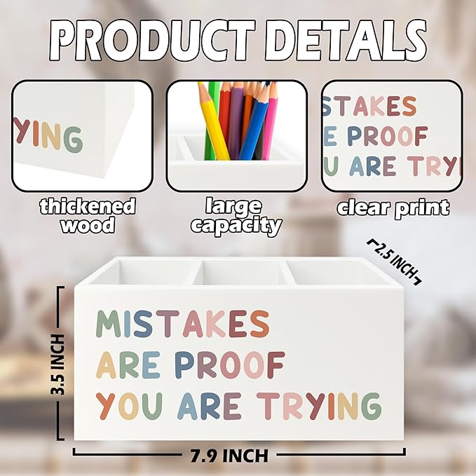 Boho Inspirational Pen Pencil Holder Organizer for Desk, Positive Inspirational Gifts, Mistakes are Proof You are Trying Motivational Wooden Box Sign for Classroom Desk Tabletop Decorations