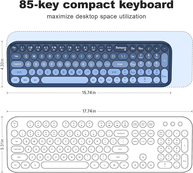 Wireless Keyboard and Mouse Combo, MOWUX Compact Typewriter Retro Round Computer Keyboard, Cute Optical Mouse Wireless, Plug and Play, for Laptop, PC, Computer- Sea Blue Gradient