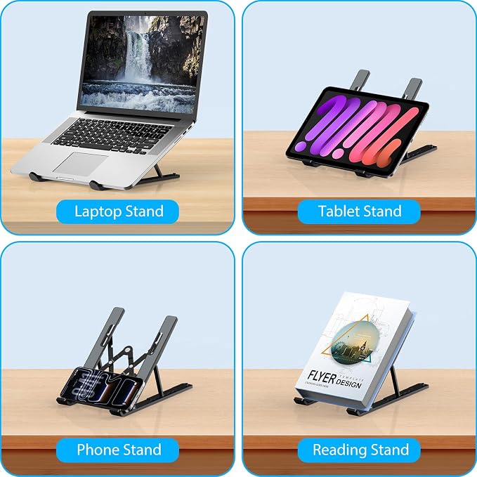 Adjustable Laptop Stand, Portable Laptop Riser for Desk, ABS+Silicone Foldable Ventilated Cooling Notebook Holder Stand for 10-15.6” Laptops, Tablets