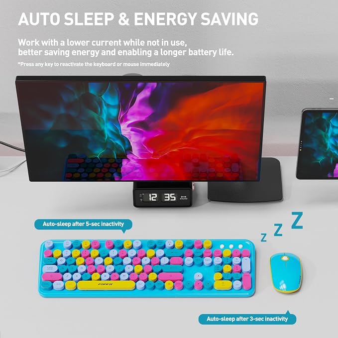 FOPETT 2.4GHz Wireless Keyboard and Mouse Set with Switch Button - Full-Size Keyboard - Compatible for Windows/Laptop/PC/Notebook/Smart TV and More - Blue Colorful