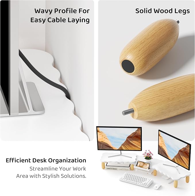 AFOOYO Dual Monitor Riser, Cookie-Shaped Adjustable Length & Swivel Angle, Wooden Desktop Organizer for 2 Monitors,Monitor Stand with Drawer for Laptop, PC, Computer, Printer,White