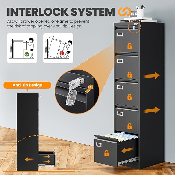 5 Drawer File Cabinet with Lock, Metal Filing Cabinets for Home Office, Vertical Black Locking File Caninet, Steel Narrow Five Drawer File Cabnet for Letter/Legal / A4 / B4- Assembly Required