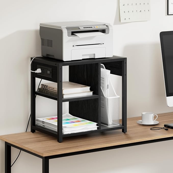 GAOMON Under Desk Printer Stand with Charging Station, Industrial Printer Table with 3 Storage Shelves, Mobile Heavy Duty Printer Cart with Lockable Wheels for Paper Storage, Home Office,Retro Black