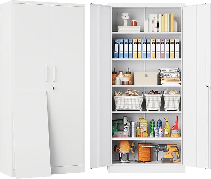 White Metal Storage Cabinet with 2 Doors and 6 Shelves,71" Tall Metal Cabinet with Lock,Lockable Garage Storage Cabinets,Locking File Cabinet,Steel Tool Cabinets for Home,Office,Garage,Shop