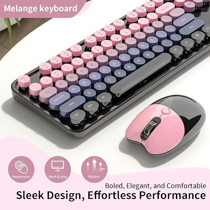 Wireless Keyboard and Mouse, MOFII 104 Round Keycaps Retro Typewriter with OTG & Brush, Full-Size Ergonomic, Ideal for Windows PC, Home, Office and College Peach Pink