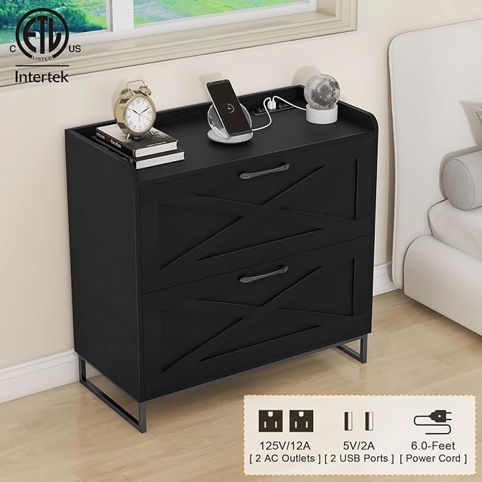 Halitaa Lateral File Cabinet with Charging Station, 2 Drawer File Cabinet for Letter/Legal/A4 Size Hanging Files, Large Wood File Storage Cabinets Printer Stand for Home Office, Black