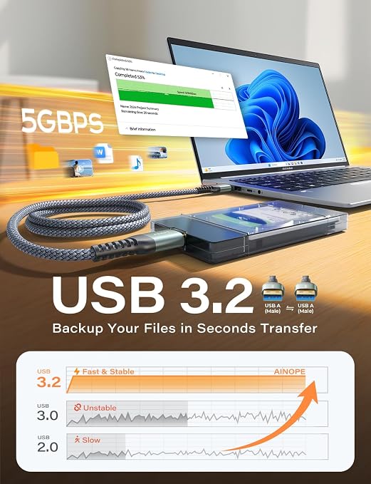 AINOPE USB to USB Cable, 3.3FT*1Pack USB 3.0 A to A Male to Male Cable [Never Rupture] Double End Type A Cord for Data Transfer, Compatible with Hard Drive Enclosures, Laptop Cooler, KVM, DVD Player