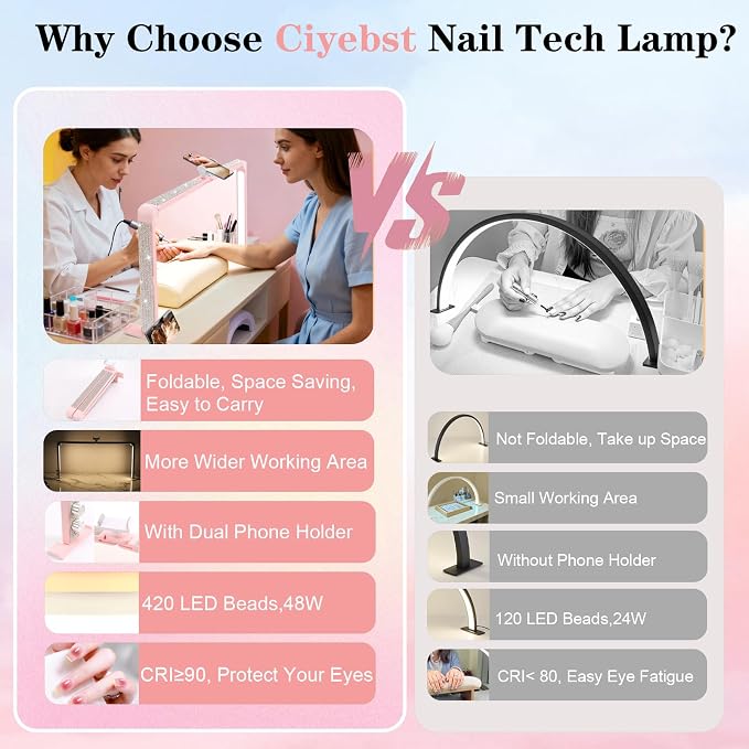 Nail Tech Lamp for Desk, 34 in Large Half Moon Light with Phone Holder, 48W Brightness Adjustable Lash ARC Light for Manicure, Tattoo, Spa, Salon, 3000K-6000K LED Manicure Lamp(Pink)