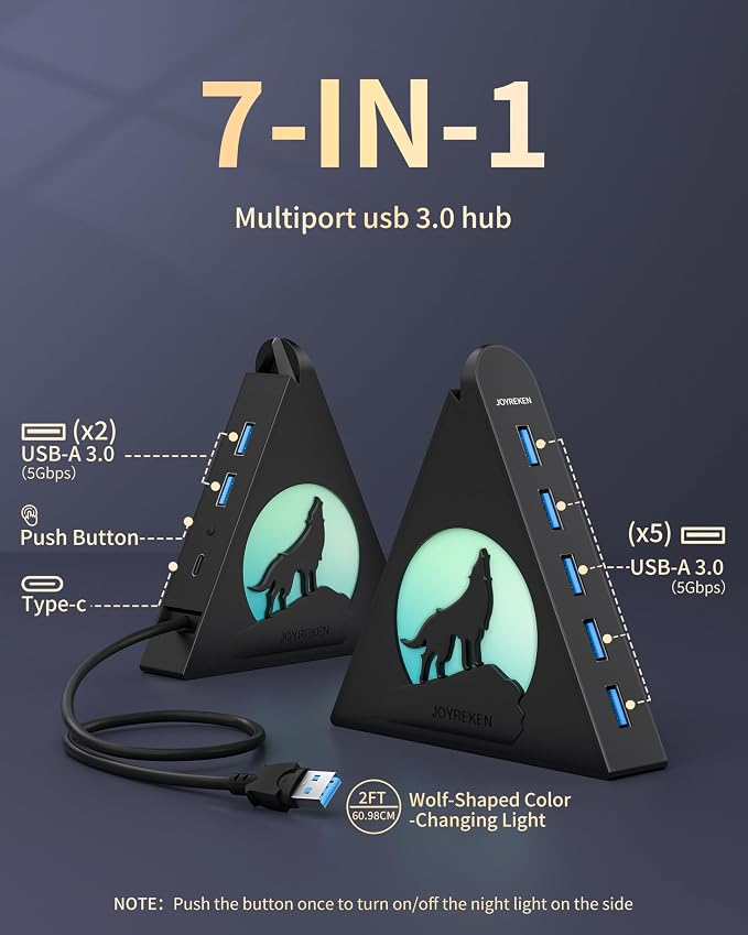 7-Port USB 3.0 Hub, Vertical USB Hub Splitter with RGB Lighting,5Gbps High-Speed Data Transfer and 2FT Extension Cable, Compatible with PC, MacBook, Laptop, PS5, Xbox, Flash Drive, Printer