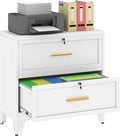 Metal Lateral File Cabinet with Lock,2 Drawer Steel Wide Filing Organization Storage Cabinets for Legal/Letter/A4/F4 Size with Hanging Files&Key,Lockable Printer Stand for Home Office, White