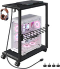 PC Stand, Height Adjustable Computer Tower Stand, 19.7"-31.5" H, Computer Cart with Charging Station, Wheels and Hooks, CPU Holder for Floor, Carpet and Under Desk, Easy Assembly, Black