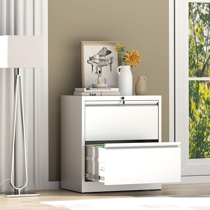 AQY 2 Drawer File Cabinet with Lock,Metal Lateral File Cabinets for Home Office,Steel Wide Filing Organization Storage Cabinets for Hanging Files Letter/Legal/F4/A4 Size,Assembly Required(White)