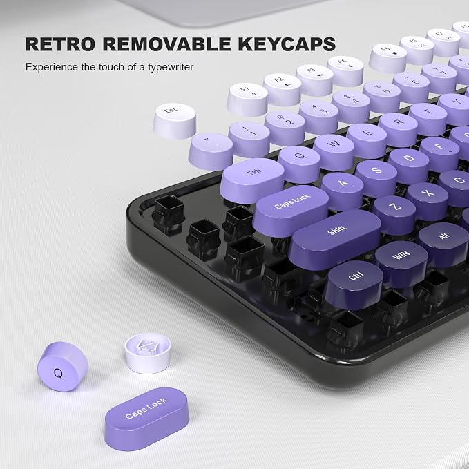 MOWUX Computer Keyboard Wired, Plug and Play USB Retro Round Typewriter Keyboard, Full Size Wired Keyboard with Foldable Stands for Laptop and Office PC- Black Purple Gradient